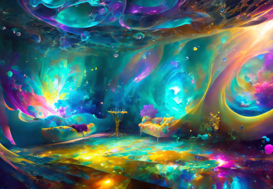 imagine a fractal psychedelic living room where everything is melting away and the paintings were created