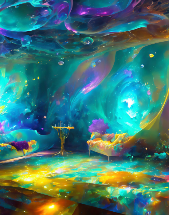 imagine a fractal psychedelic living room where everything is melting away and the paintings were created